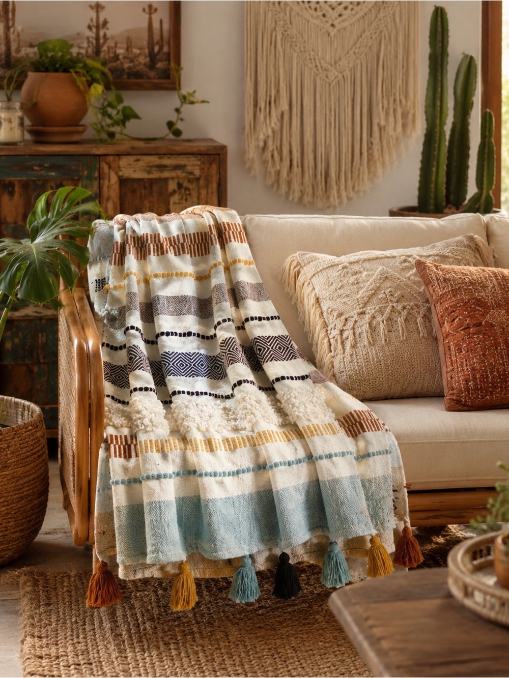 Bohemian Textured Striped Tassel Throw Blanket
